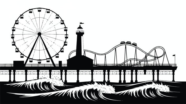 An illustration depicts a pier with a Ferris wheel and roller coaster near waves.