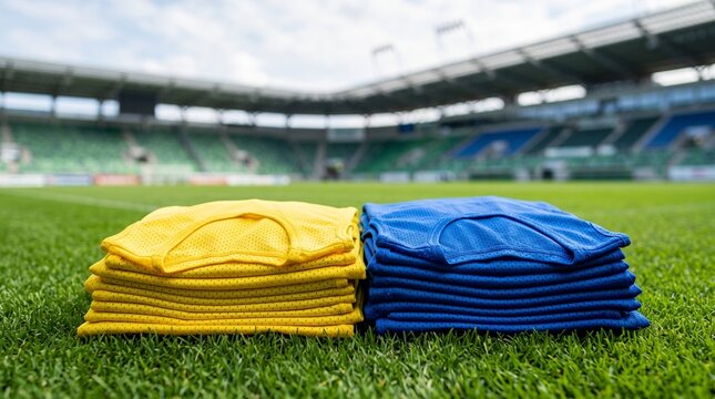 Stacks of yellow and blue sports jerseys on a green grass pitch in a stadium. Perfect for team sports training.