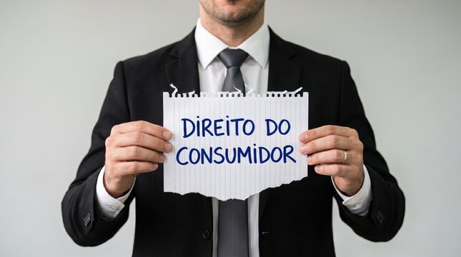Man in suit holding sign with consumer rights message