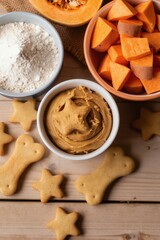 Fototapeta premium Homemade dog biscuits with pumpkin, sweet potato and peanut butter. Ingredients and treats are on wood surface. Pets get healthy organic snacks.