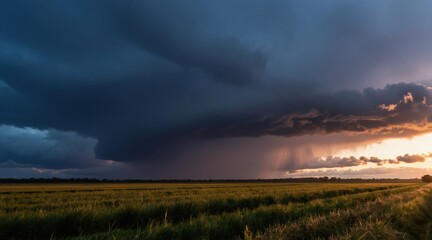 Obraz premium Dark storm clouds gather over a golden field at twilight. Rain falls in shafts of light on the horizon. Nature shows power before nightfall.