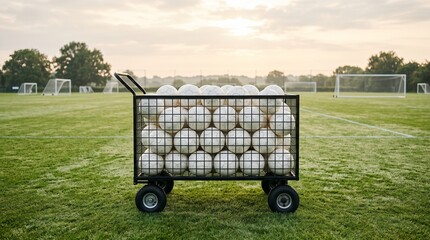 Black metal trolley filled with white soccer balls on a green grass field. Perfect for team sports training concepts.