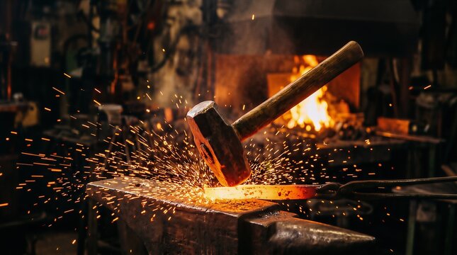 Close up of heavy hammer striking red hot metal on anvil in forge with glowing metal smith molten metal hard work fire light glowing steel blacksmith