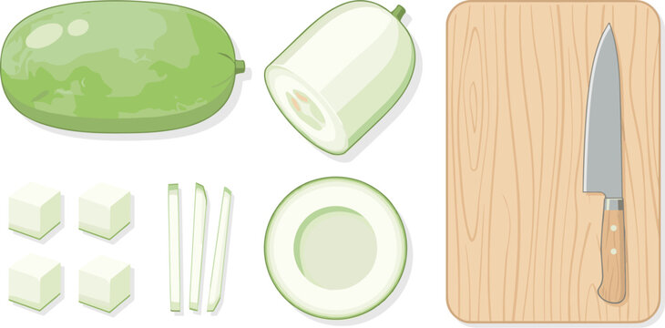 Fresh Winter Melon Vector Illustration Set with Whole Slices Cubes Cutting Board and Chef Knife Elements for Culinary Cooking and Recipe Graphic Designs