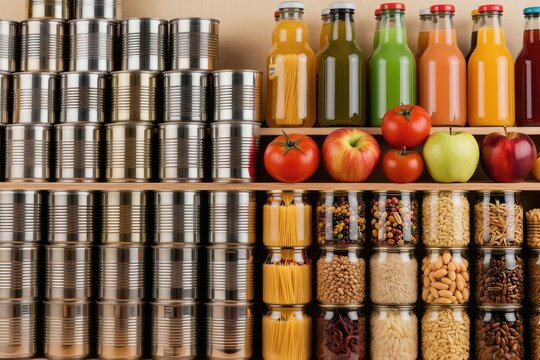 Shelves packed with various canned foods, jars of pasta grains, fruits. Bottles of juice, fresh produce like apples, tomatoes neatly displayed. Pantry well stocked with non-perishable items for