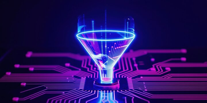 Neon data funnel on futuristic circuit board. Digital information flows, processing complex data, and filtering information streams. Tech concept for big data analysis and AI.
