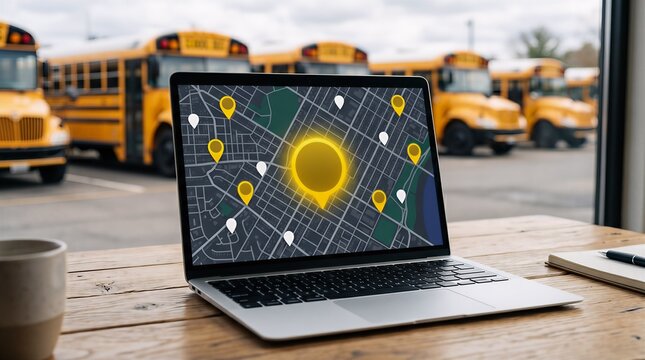 Laptop displaying digital map with multiple bus location pins and central marker blurred school bus fleet visible through window tracking navigation transport