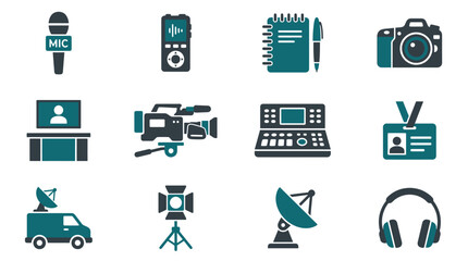 Fototapeta premium Flat vector icons representing journalism and broadcasting equipment
