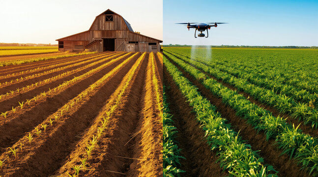 Old barn next to field with young plants contrasts with drone spraying crops on modern farm. Side by side comparison shows evolution from traditional to tech agribusiness.