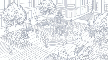 Urban Plaza with Fountain, People, and Trees - Architectural Sketch © umi