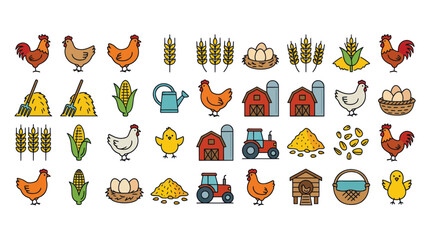 Farm Icons Set: Chickens, Rooster, Eggs, Tractor, Barn, Corn, Hay, Wheat © umi