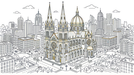 Fototapeta premium Gothic Cathedral in Modern City Skyline Illustration