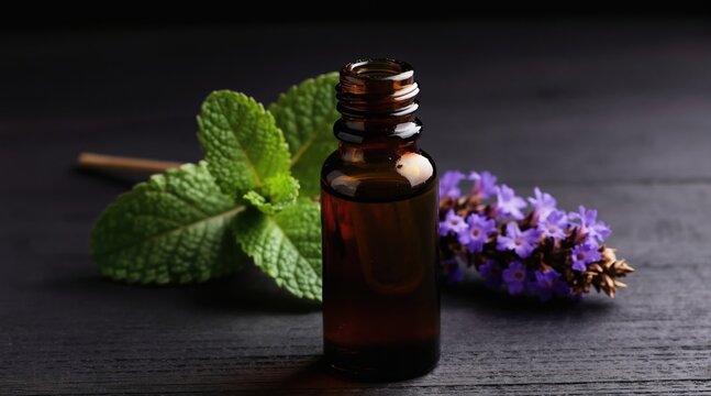 Amber glass bottle with essential oil sits on dark wood plank. Fresh mint leaves and purple flowers beside dark brown liquid extract for aromatherapy and perfumery.