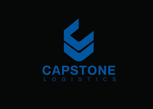 Capstone Logistics corporate logo design, blue geometric hexagon icon on black background, professional supply chain and transportation branding vector