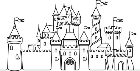 A detailed line drawing of a fairy tale castle with towers and flags. © widia