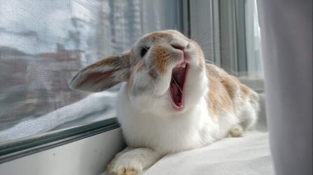 Brown and white bunny rabbit sits by a bright sunny window while yawning very wide today