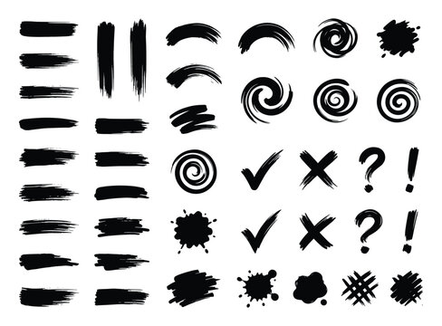 Black hand-drawn abstract marks and symbols set with checkmarks and question marks