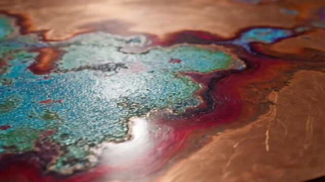 Closeup view of weathered copper surface with vibrant turquoise, green, and red patina textures