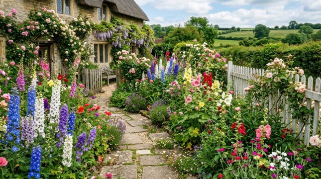 Colorful English Cottage Garden In Full Bloom