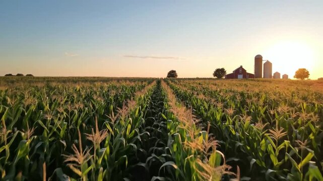 Scenic drone view of a cornfield row leading to a classic farm during a beautiful sunrise or sunset