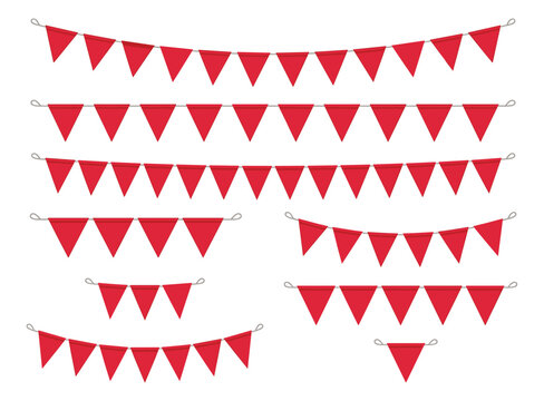 Red triangular party bunting flags hanging in a festive arrangement