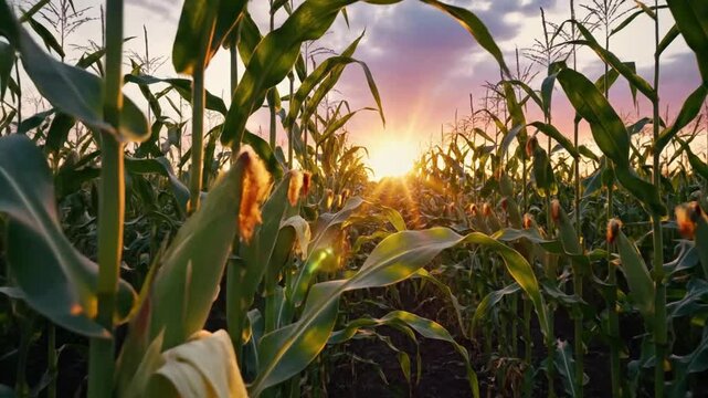 Scenic view of a cornfield bathed in golden sunlight at sunset with corn cobs ready for harvest.