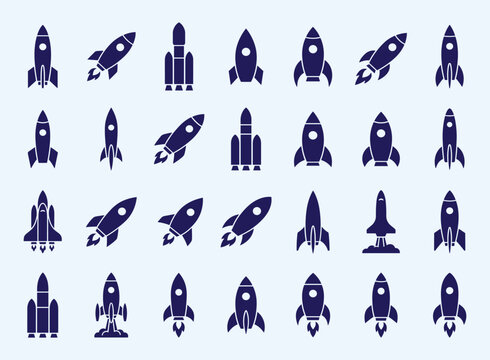 Collection of stylized space rockets and shuttles in dark blue color