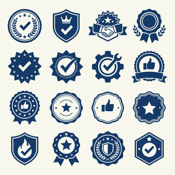 Set of professional achievement and success flat icons in dark blue and purple color scheme