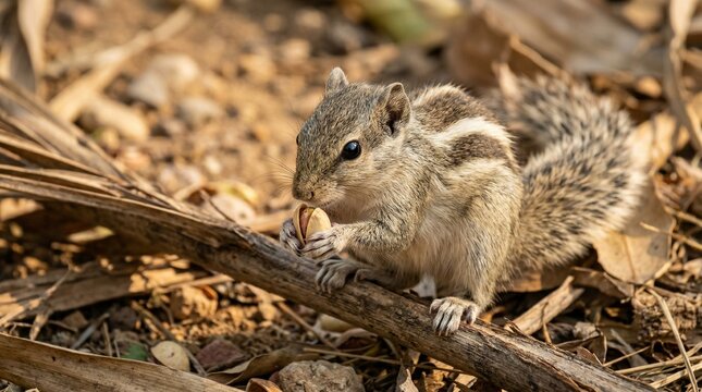 Striped Palm Squirrel Eating Pistachio Nut On Ground Covered With Dry Leaves