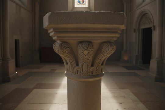 A stone architectural column with intricate carvings adorns the Naranco Church of Asturias in this close-up shot.