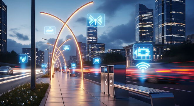 Smart city infrastructure with connected street lights and digital icons representing iot technology, urban connectivity, and modern transportation