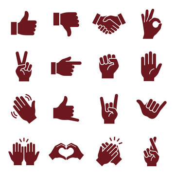 Set of sixteen hand gesture icons in maroon color style