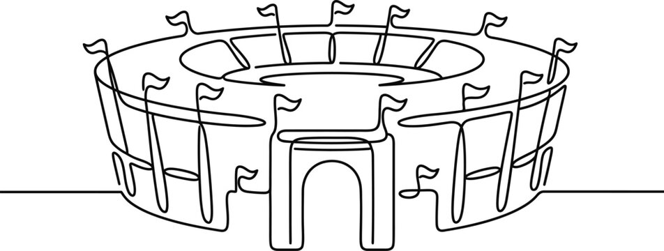 Continuous line drawing of a Roman coliseum stadium.
