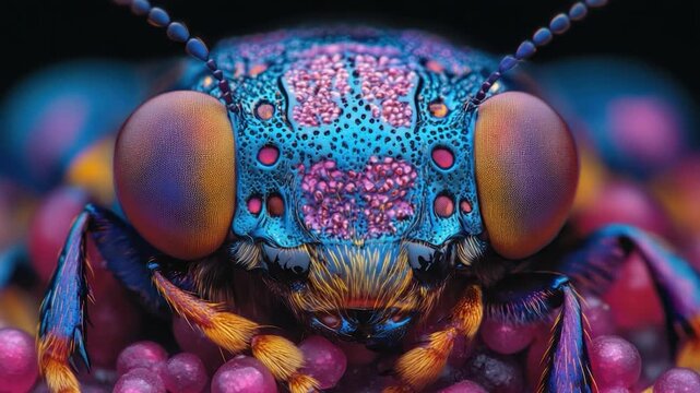 Extreme close-up of a vibrant iridescent insect's face