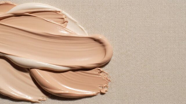 Closeup view of three shades of cosmetic foundation cream swatches on a beige fabric background for makeup and beauty products.