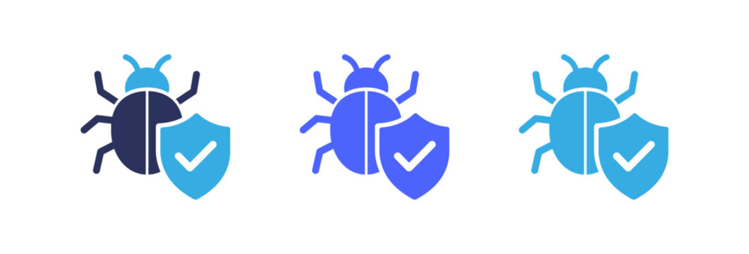 Cyber security antivirus protection icons showing bug with shield and check mark symbol.