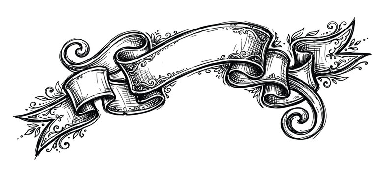 Vintage ribbon banner with ornate details and decorative swirls