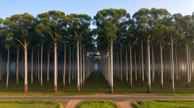 agriculture drone spraying in eucalyptus plantation