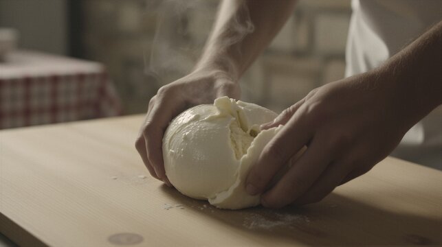 A middle-aged male baker's skilled hands tenderly tear apart a freshly made mozzarella ball in a warm kitchen setting.