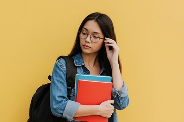 Fototapeta premium Young asian woman with glasses and backpack holds colorful books. Student looks thoughtful, confused, or stressed. Female thinks about studies, uncertain about schoolwork. Yellow background.