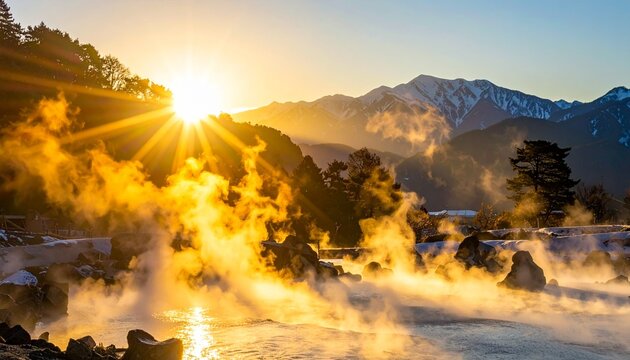 Golden Sunrise over Steam Rising from Japanese Onsen in Snowy Mountain Landscape
