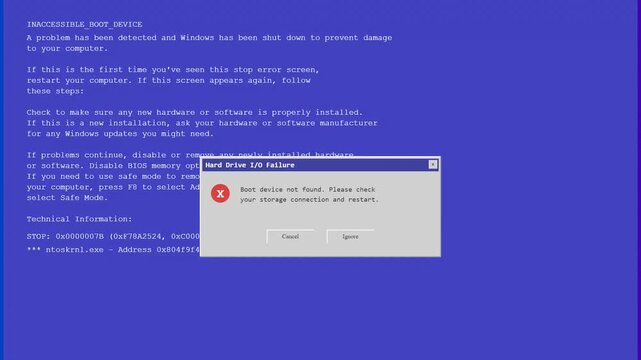 Blue Screen of Death Error message with Hard Drive Failure Pop Up Window Dialog Box