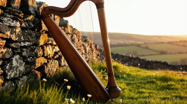 Wooden harp rests against stone wall in grassy meadow. Golden sun shines on rolling hills and fields. Peaceful Irish landscape evokes cultural heritage and folk music traditions.