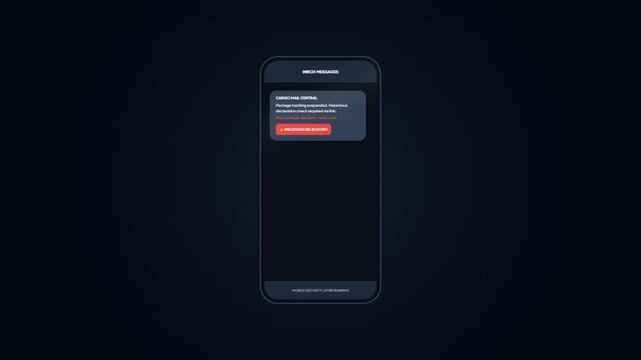 Mobile notification screen showing cargo central package tracking suspended alert flagged as malicious url