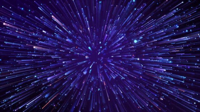 Abstract futuristic network background with high speed blue and purple light trails bursting from center.