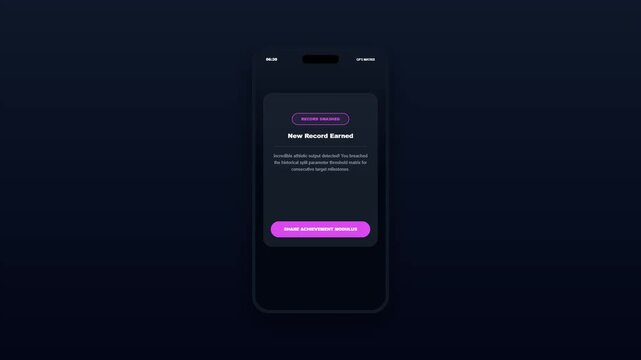 Dark Mode Sports App UI Design Mockup with Yellow Accent and New Record Earned Achievement Screen
