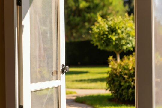 White door with screen is open to green garden on sunny day. Blurred trees and grass view. Peaceful summer scene. Fresh air comes inside home.