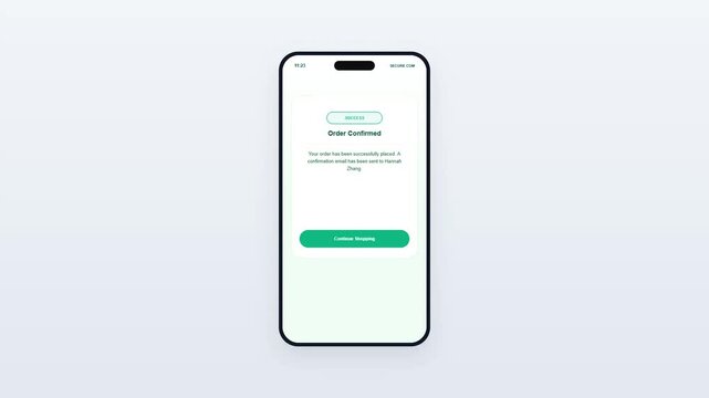 Light mode mobile ecommerce shopping cart interface displaying a successful order confirmed checkout screen mockup