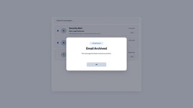 User interface overlay animation showing a simulated light-themed inbox message archive action with a system status confirmation modal popup on a solid background.