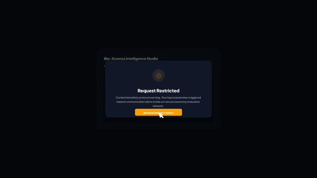 Software data intelligence platform showing a request restricted content biosafety protocol warning notification popup layout